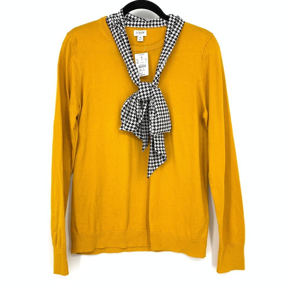J.Crew Factory Crew Neck Sweater Womens Sz M Mustard  Houndstooth Tie Scarf NEW